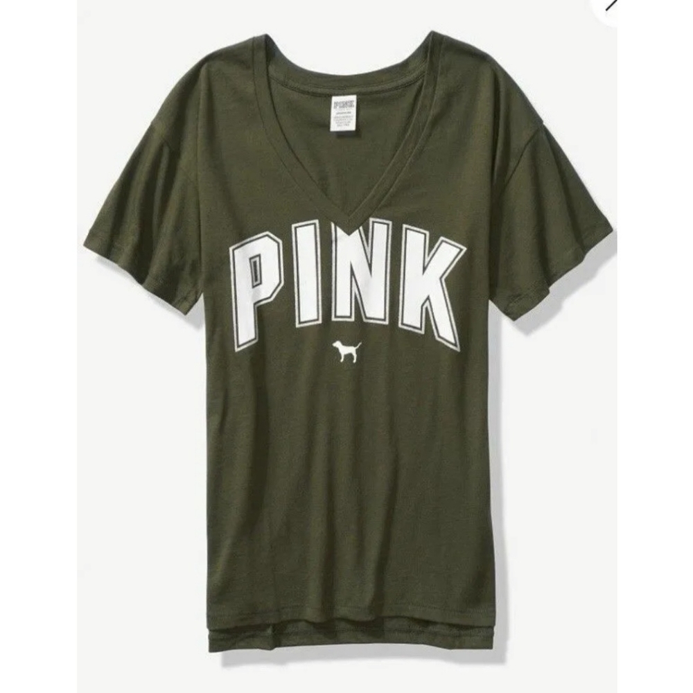 Victoria's Secret PINK V Neck Olive Green Short Sleeve T-shirt Women Size Medium